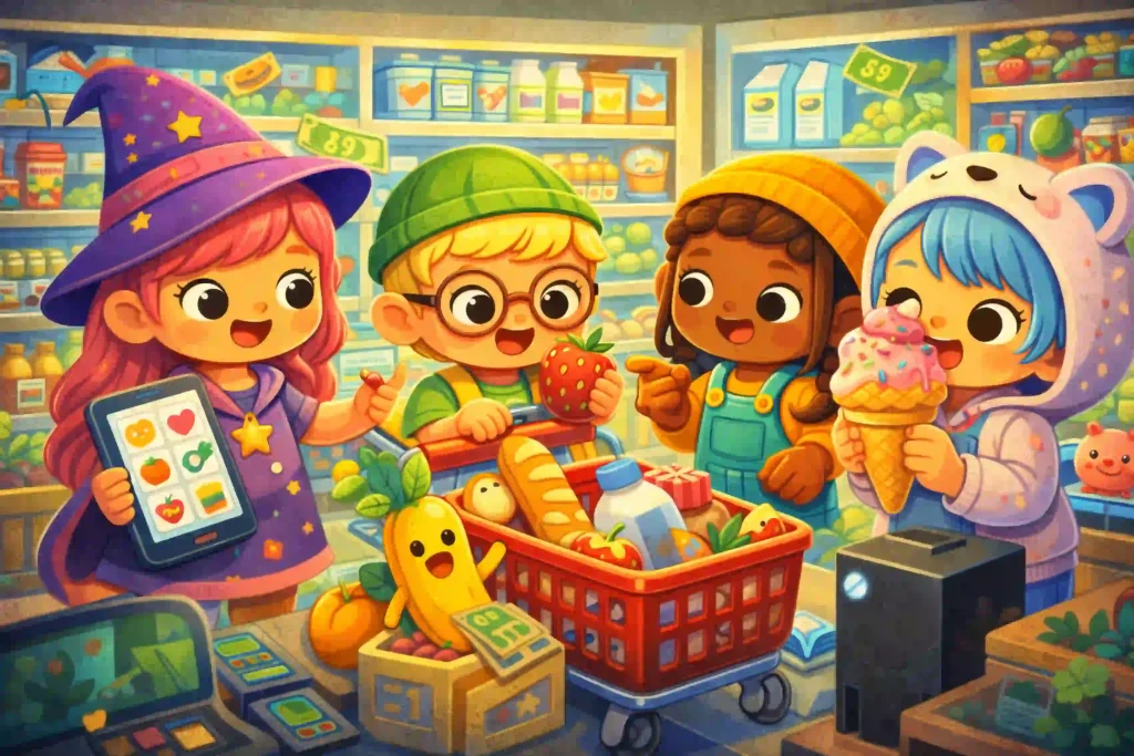oca Boca Mod APK on Xbox, characters standing in a groceries store
