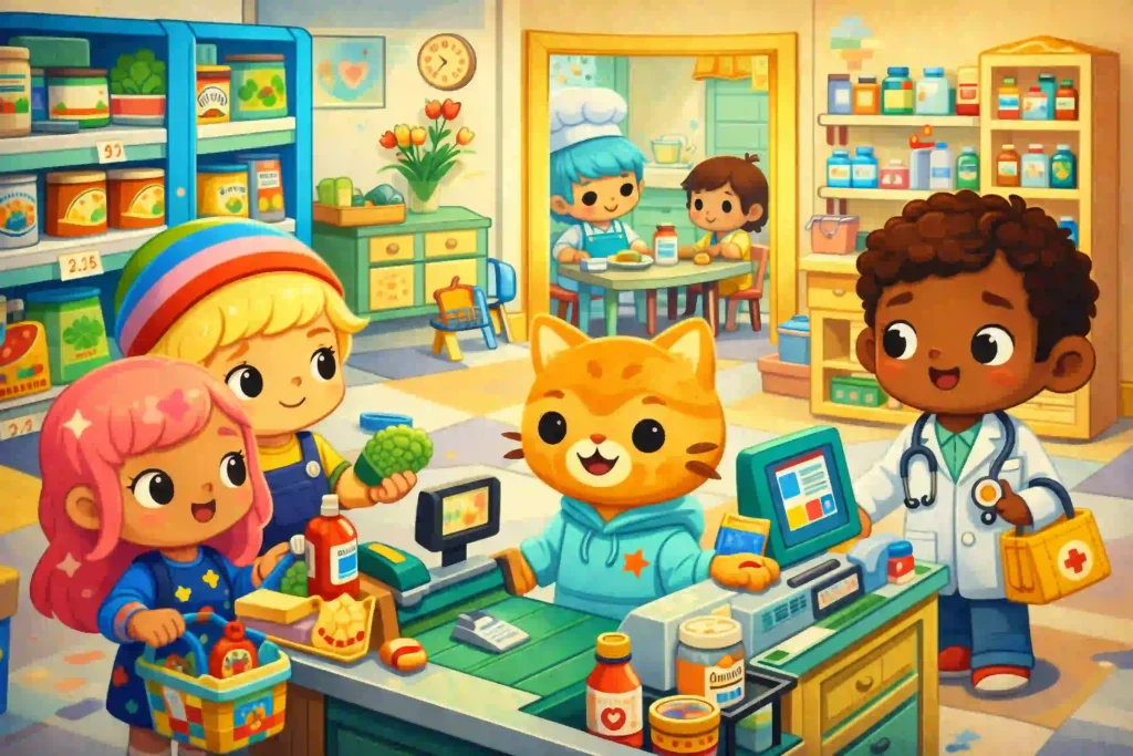 Kids playing in a Toca Boca World grocery store with cat cashier and doctor