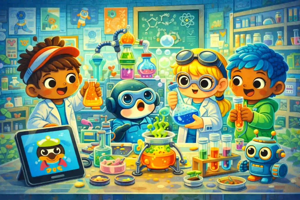 Comparison Between Toca Boca APK and Roblox APK, Characters sitting in laboratory and doing experiments