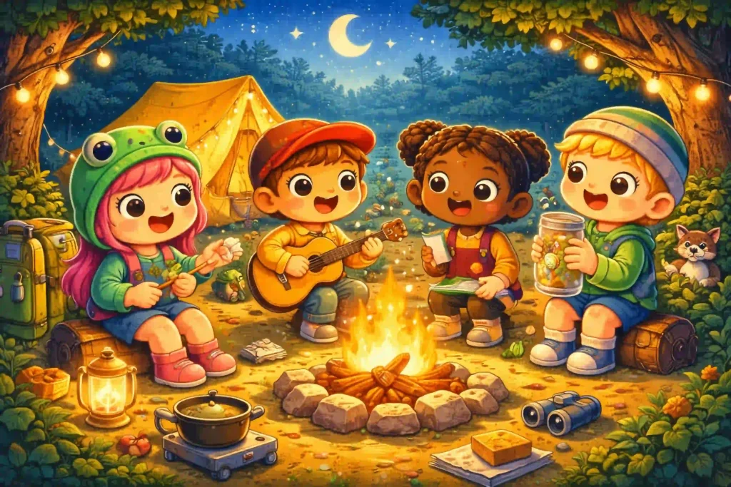 Comparison Between Toca Boca APK and Roblox APK characters sitting in a jungle and singing with guitar