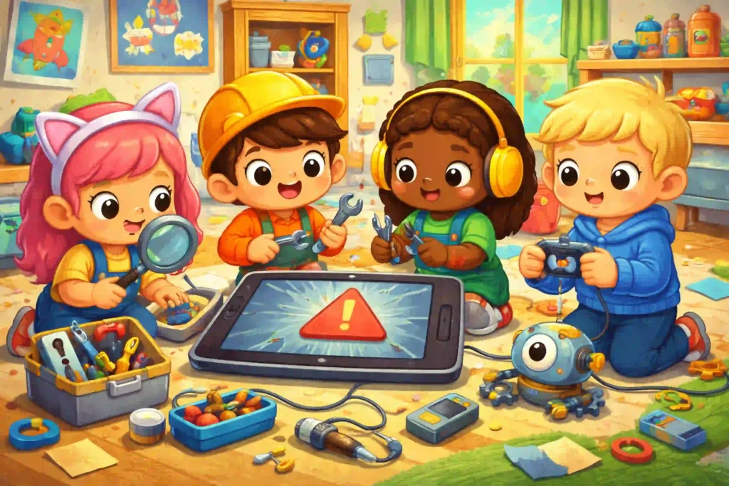 Cartoon children troubleshooting a tablet crash with tools and gadgets