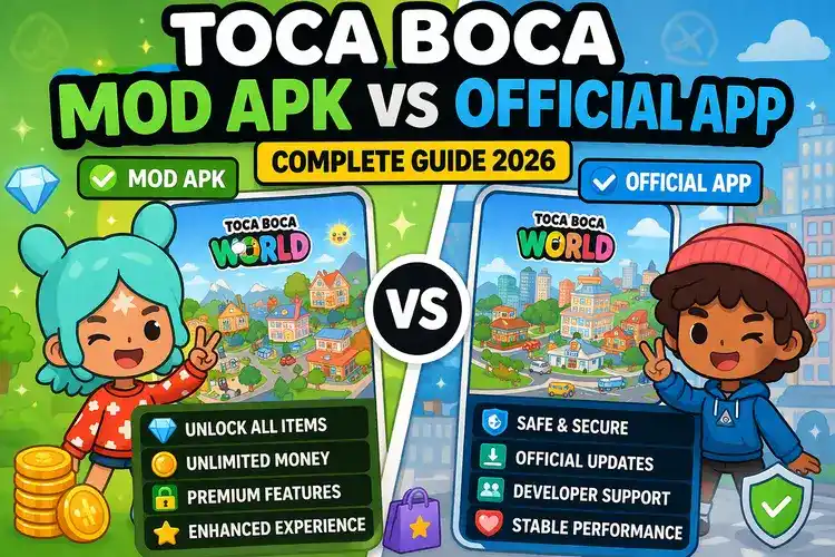 Toca Boca Mod APK vs official app comparison showing unlocked features, updates, and performance differences