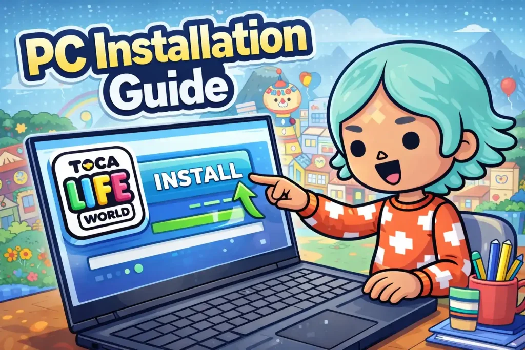 Toca Boca mod apk for pc Installation Guide a character sitting next  to a laptop