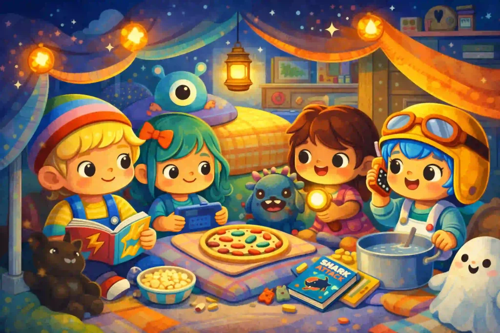 Cartoon kids having an indoor camp night with pizza, books, flashlight, and toys