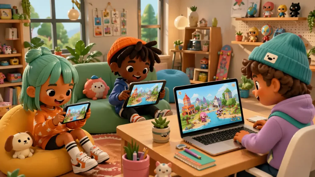 characters sitting ia a room with apple devices  iOS Iphone, mac & ipad, playing toca boca mod apk game